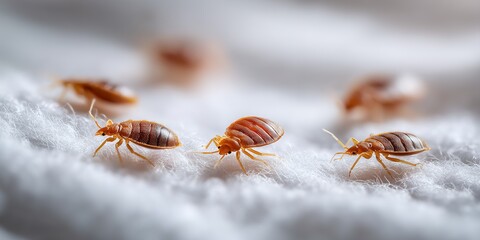 Macro shot of several bed bugs crawling on white fabric material, depicting infestation. Concept for pest control awareness, hygiene issues and public health advisory