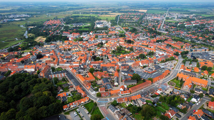 Aerial panorama of the downtown of the city Varde in Denmark on a sunny summer day.