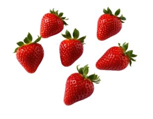 Seven bright red strawberries, whole, with green leaves, arranged in a loose cluster against a black background