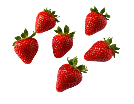 Seven bright red strawberries, whole, with green leaves, arranged in a loose cluster against a black background