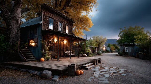 Halloween ghost town, abandoned wooden houses, spooky lanterns, dusty haunted street, eerie wild west vibe, halloween haunted western scene, scary halloween deserted town art, spooky haunted 