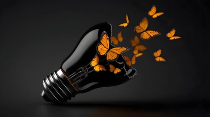 A light bulb emitting vibrant orange butterflies, symbolizing creativity, innovation, and the potential for transformation and change.