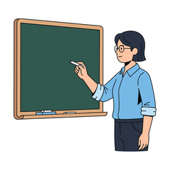 Smiling teacher writing on a blank chalkboard, cartoon style illustration.