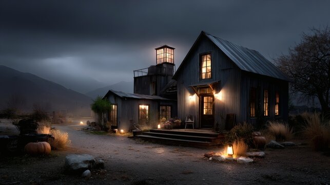Halloween ghost town, abandoned wooden houses, spooky lanterns, dusty haunted street, eerie wild west vibe, halloween haunted western scene, scary halloween deserted town art, spooky haunted 