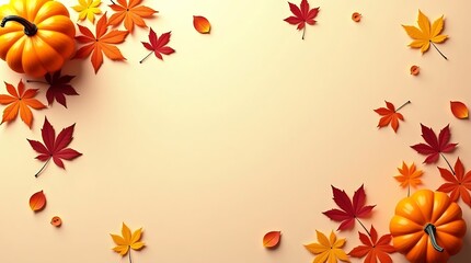 Autumn Pumpkin and Leaf Corners on Soft Beige Background for Seasonal Design