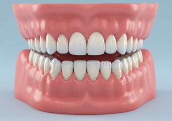 Obraz premium Close up view of a dental model showing upper and lower teeth with pink gums on a light blue background