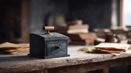 Evocative still life featuring an antique metal box with a lever and aged papers, on a distressed wooden table. Concept Nostalgia, mystery, forgotten knowledge.