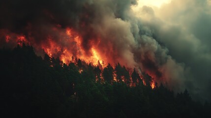 Fototapeta premium A dense forest consumed by massive flames thick