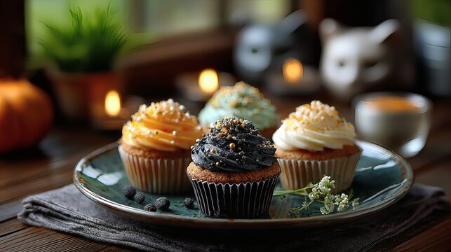 Cute halloween desserts, decorated cupcakes, spooky cookies, candy corn, ghost shaped cake, pumpkin sweets, festive halloween food, adorable halloween treats photography, spooky halloween cupcake 