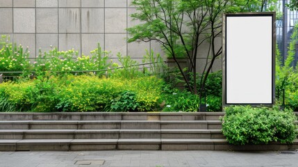 Urban Garden with Green Trees and Plants and Empty Advertising Board