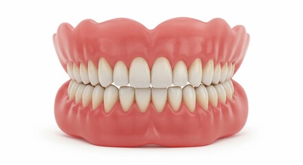Obraz premium A set of dentures with white teeth and pink gums displayed on a plain white background in studio shot