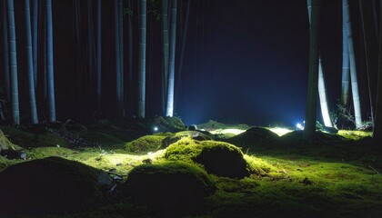 Naklejka premium An enchanted woodland scene with mysterious spotlights shining through the trees onto lush green moss in a dark, magical forest at night