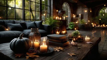 Cozy halloween home interior, glowing pumpkin lanterns, candles, fireplace, autumn leaves, warm spooky vibe, halloween decoration cozy design, spooky home decor holiday theme, festive halloween 