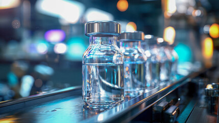 Glass vials with liquid medicine on pharmaceutical manufacturing line in modern laboratory