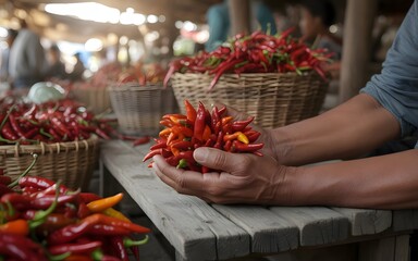 Fresh Red Chili Peppers in Wicker Basket at Local Market