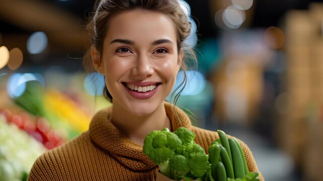 Woman looking at camera with a joyful expression while holding a bag filled with fresh vegetables. Brightly lit grocery store with colorful produce displays