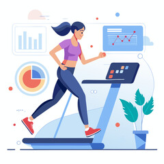 Woman running on treadmill with data visualization art