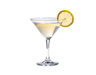 A light yellow cocktail in a martini glass garnished with a lemon slice