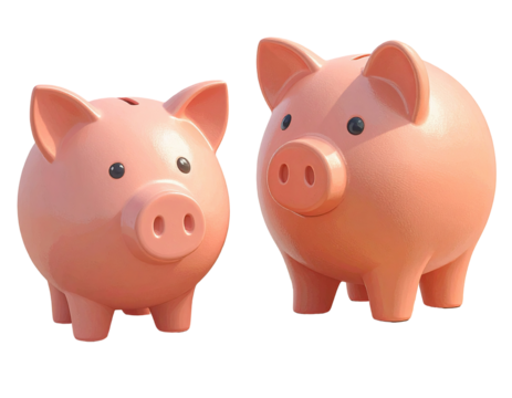 Two pink piggy bank figures, one large and one small,  on a black background