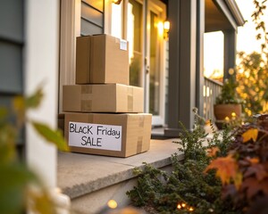 Cardboard boxes stacked on a porch with a sign that says black friday sale, representing online shopping and delivery