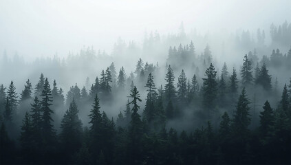 Obraz premium Misty Pine Forest Landscape – Dense Evergreen Trees Covered in Morning Fog