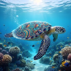 Obraz premium Colorful Sea Turtle with Artistic Patterned Shell Swimming in Coral Reef Underwater Ocean Scene