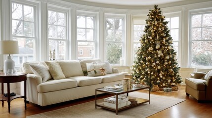 Elegant christmas living room with decorated tree, cozy lighting, and comfortable sofa in bright bay window setting