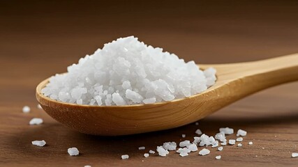 A close-up of coarse sea salt crystals in a wooden spoon on a rustic wooden table background. - Powered by Adobe
