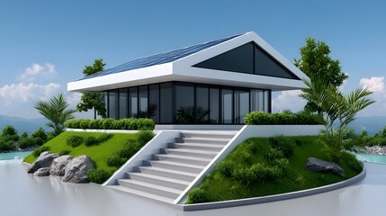Fototapeta premium A sleek, contemporary residential building nestled in a beautifully landscaped setting with a tranquil pool, steps, and abundant greenery.
