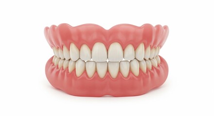 Obraz premium A set of dentures with white teeth and pink gums displayed on a plain white background in a studio shot