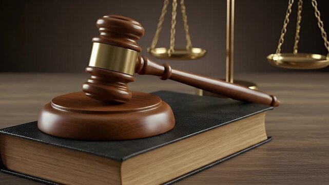 A judge's wooden gavel and law book on a desk with the scales of justice blurred in the background, symbolizing law and order.
