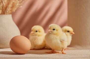Fototapeta premium Fluffy yellow chicks with a brown egg, in a cozy, softly lit space. Great for Easter-themed content, farm life visuals, or pet care brand promotions. 