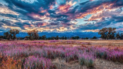 Vast Lavender Field Under Colorful Sunset Sky with Mountain Range and Trees
