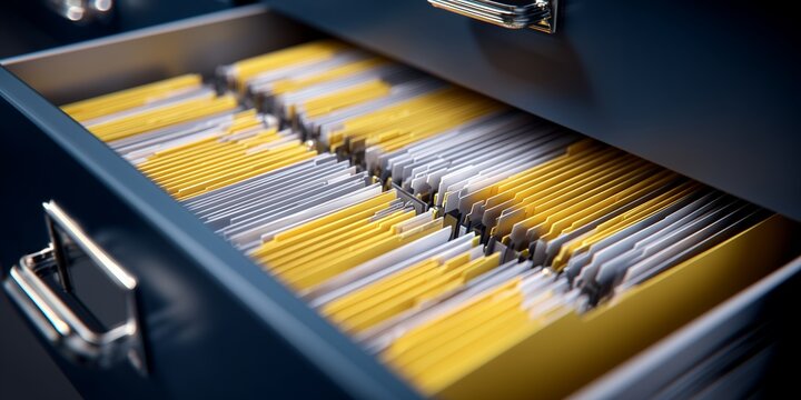 Close-up of yellow and white file folders filling a blue filing cabinet drawer, concept for business management, records administration and archiving systems