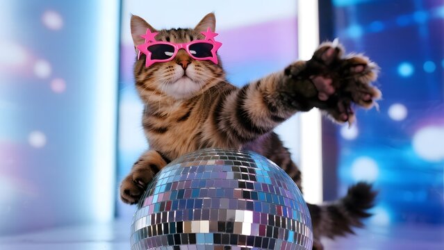 A cat wearing pink sunglasses perches atop a disco ball, striking a playful pose against a vibrant background.