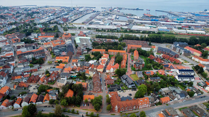 Aerial panorama of the downtown of the city Cuxhaven in Germany on a cloudy summer afternoon.