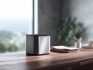 Sleek, modern metal box on a wooden desk by a bright window. A serene workspace representing efficiency, technology, and minimalist design. Ideal for office, tech, or lifestyle concepts.
