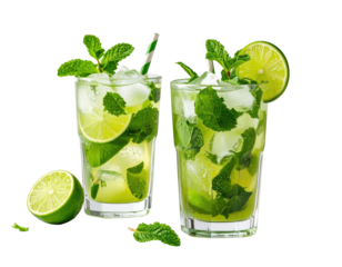 Two refreshing mojitos in glasses, garnished with lime wedges and mint leaves, filled with ice