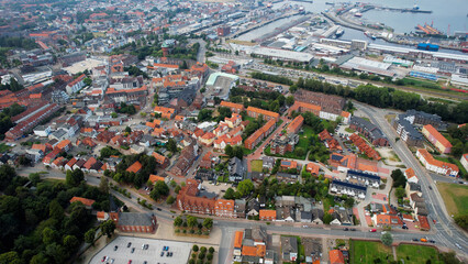 Aerial panorama of the downtown of the city Cuxhaven in Germany on a cloudy summer afternoon.