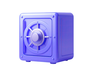 3D rendered light purple cube safe with a circular metal lock