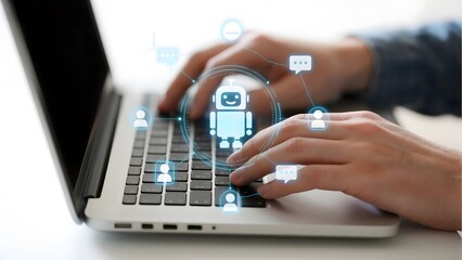 Hands typing on a laptop with a holographic robot and connected icons floating above the keyboard.