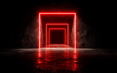 Red neon light frames creating a futuristic and illuminated tunnel effect