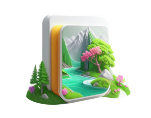 3D app icon, landscape scene, mountains, river, trees, flowers