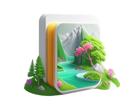 3D app icon, landscape scene, mountains, river, trees, flowers