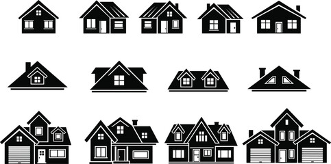 Silhouettes of Twelve Residential House Designs in Varied Architectural Styles, Roof Structures, Multi-Level Homes, Real Estate Concept Vector Art