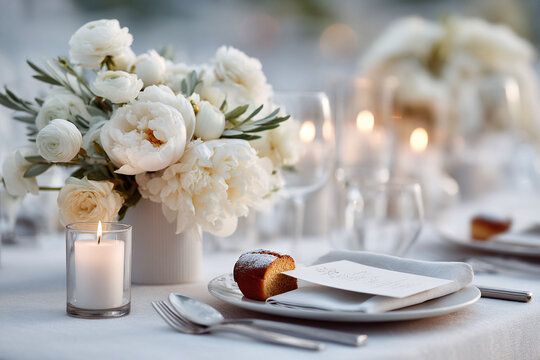 Elegant table setting with white floral centerpiece, candlelight, and dessert. Represents sophistication, romance, and fine dining. Ideal for events, weddings,  celebrations.