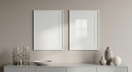 Empty Picture Frames on Beige Wall.