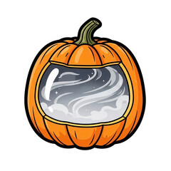 Photo of a cartoon pumpkin with a window showing a swirling night sky with clouds and stars, isolated on transparent background