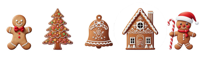 Frosted Christmas Cookies. Christmas gingerbread bisquits set: man, house, tree, bell, man and house shaped cookies. PNG, c isolated transparent background. 