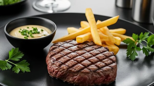 Steak medium-rare dengan kentang goreng renyah, plating ala bistro Prancis, close-up detail menggugah selera